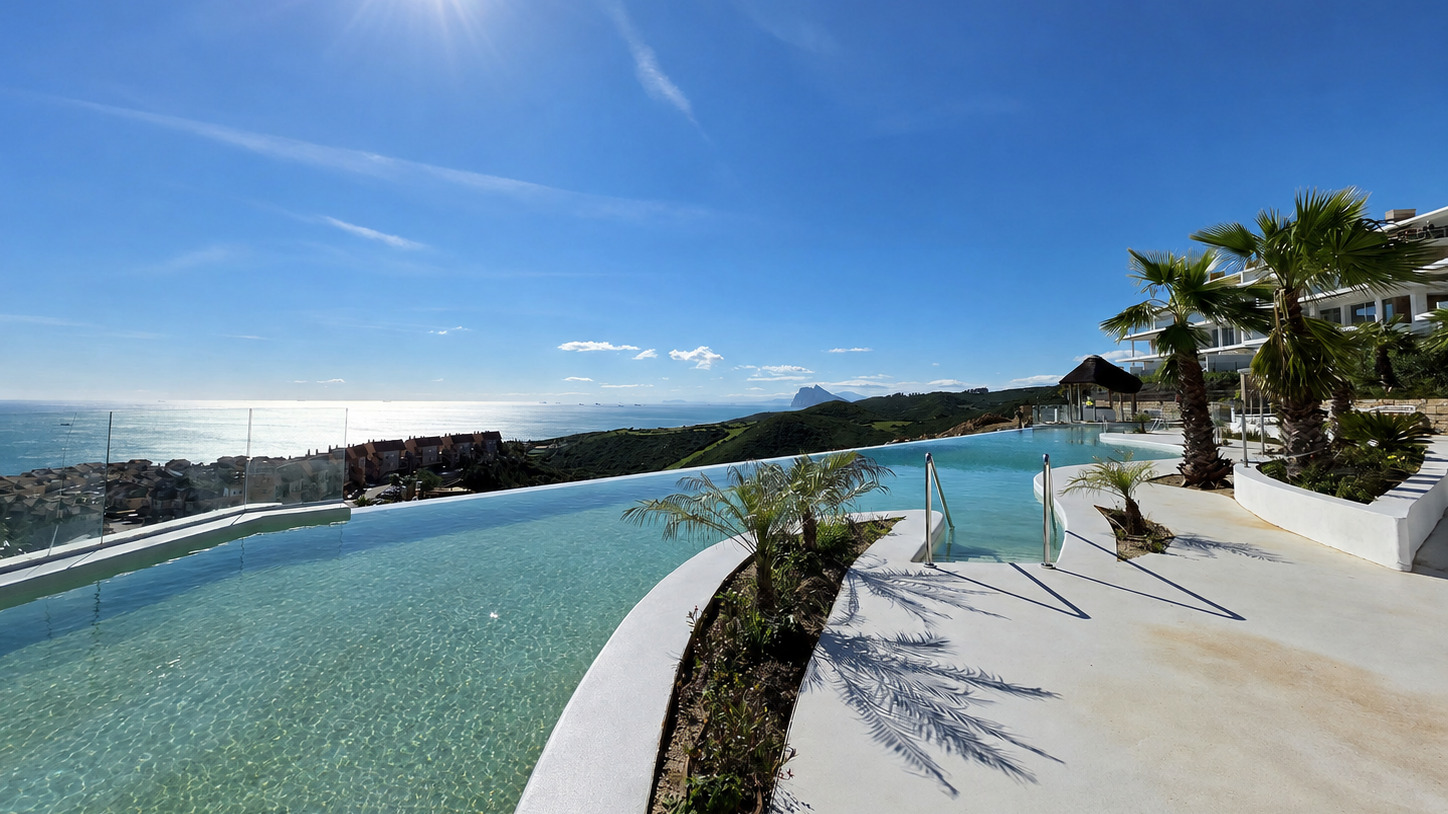 Landscaped pool terrace in bright Mediterranean light